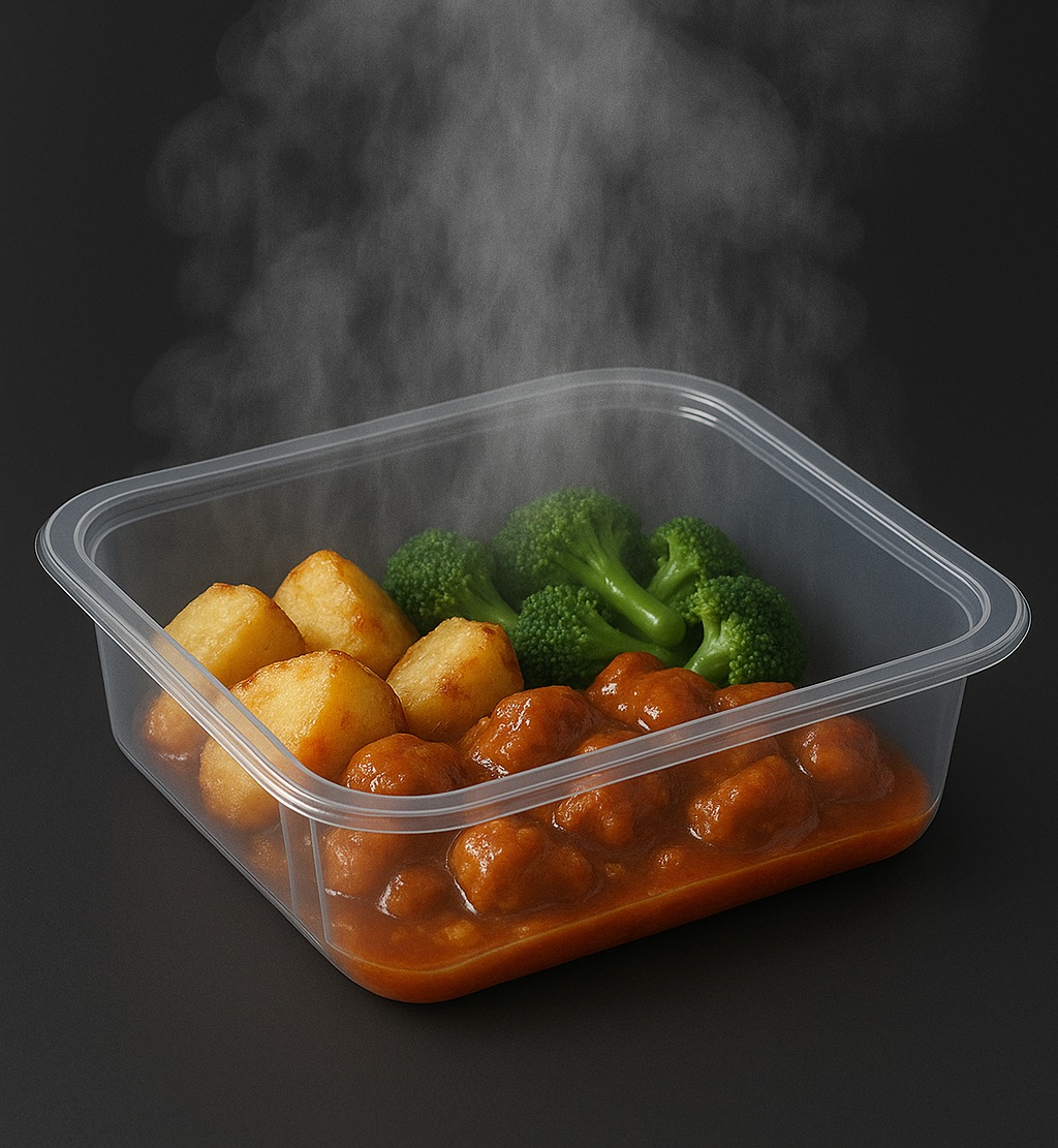 TPET tray with hot food - heat resistant to 220°C